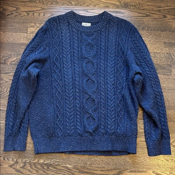 LL Bean Sweater Mens XL Regular Blue Fisherman Crewneck Cable Knit Organic